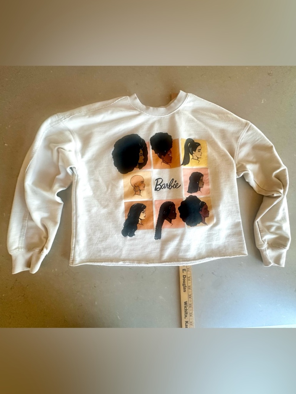 Barbie Diversity Graphic Cropped Cream Crewneck Sweatshirt Black Barbie Size S